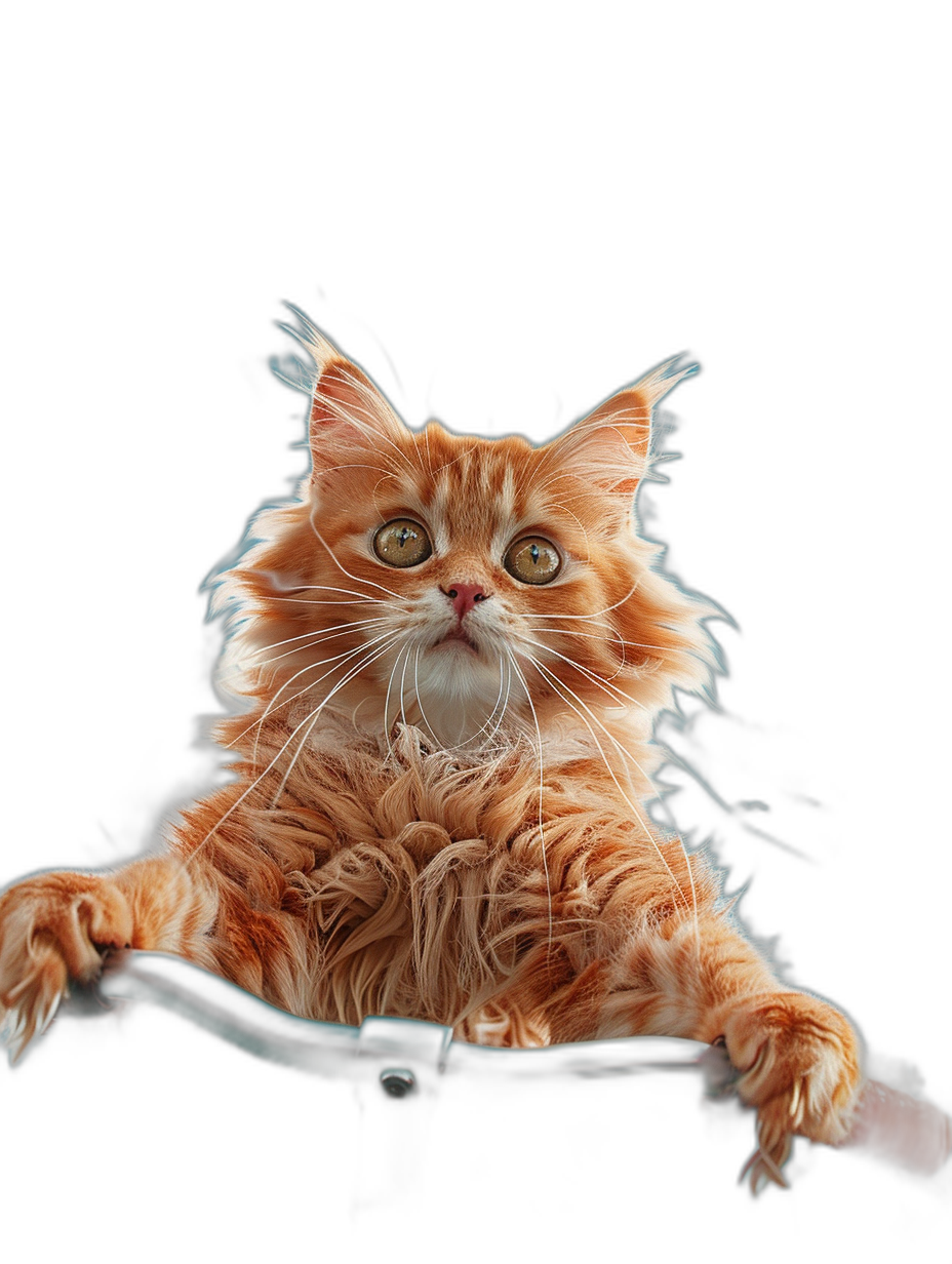 A cute orange cat with long hair, sitting on the back of an electric bike, looking up at you from behind, with exaggerated expressions and in the style of high-definition photography against black background.