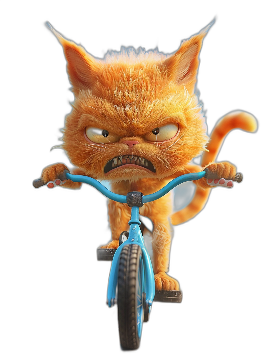 A cute orange cat riding on the front of a bicycle, with an angry expression, on a black background, within a blue frame in the style of Pixar, sculpted in zbrush.