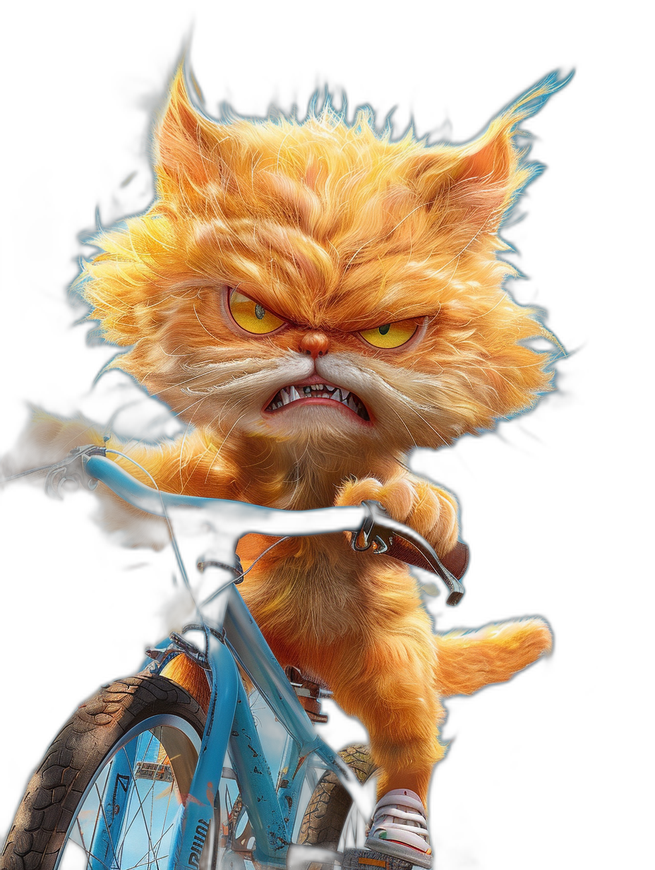 Grumpy orange cat with yellow eyes, riding a blue bike on a black background, in the style of Disney Pixar character design, winner of a zbrush central contest, pixar style render, hyper-realistic details, detailed fur, detailed face and hair, colorful