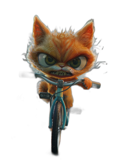 realistic cartoon illustration of an angry orange cat riding on the front of a blue bicycle, black background, digital art in the style of Pixar and Disney and [Loish](https://goo.gl/search?artist%20Loish) and [Studio Ghibli](https://goo.gl/search?artist%20Studio%20Ghibli), big eyes, cute expression, character design