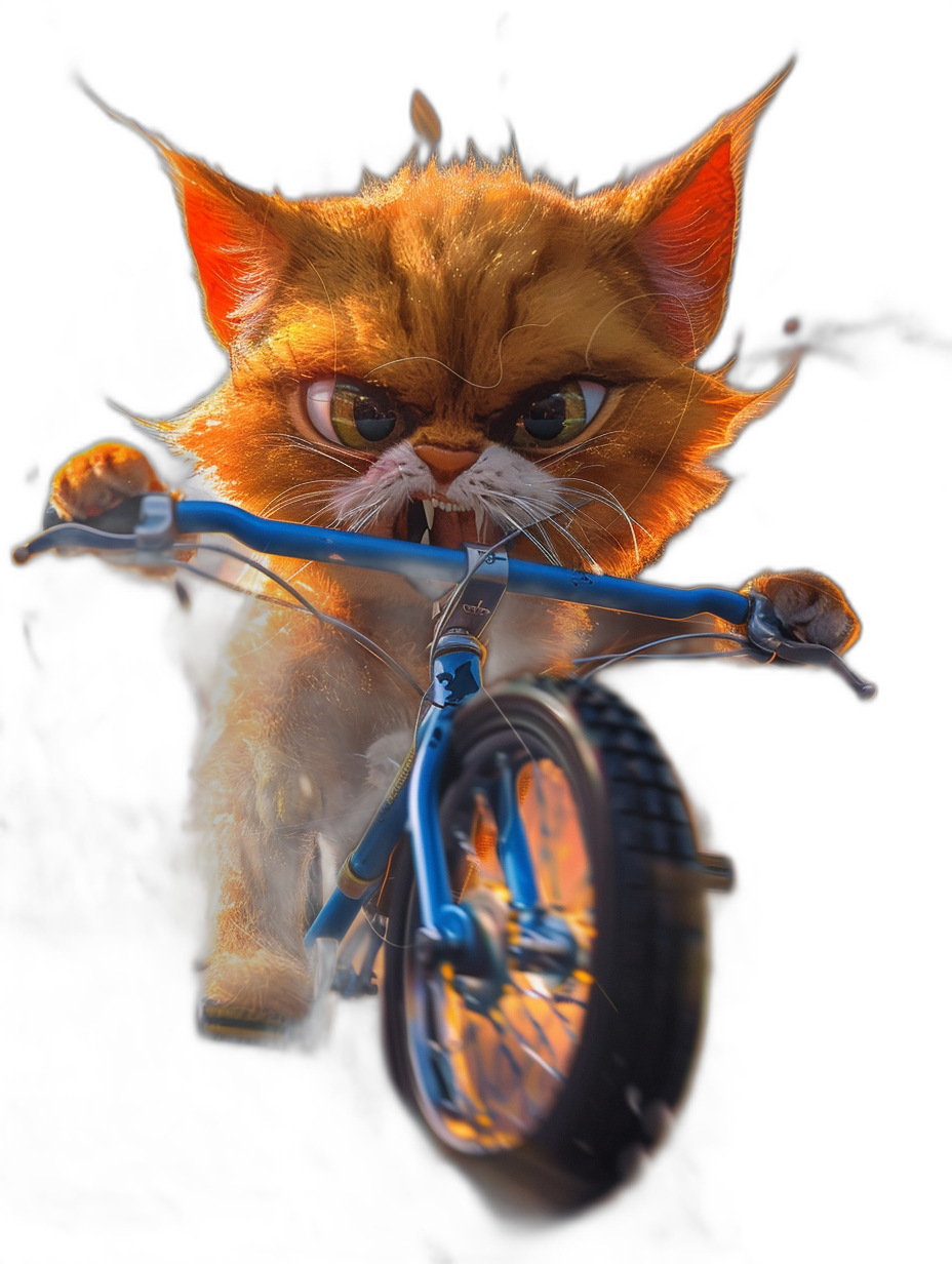 3D render, happy orange cat riding blue bike, angry eyes, black background, digital art in the style of Pixar studio, cinematic light, sharp focus, high resolution, hyper realistic