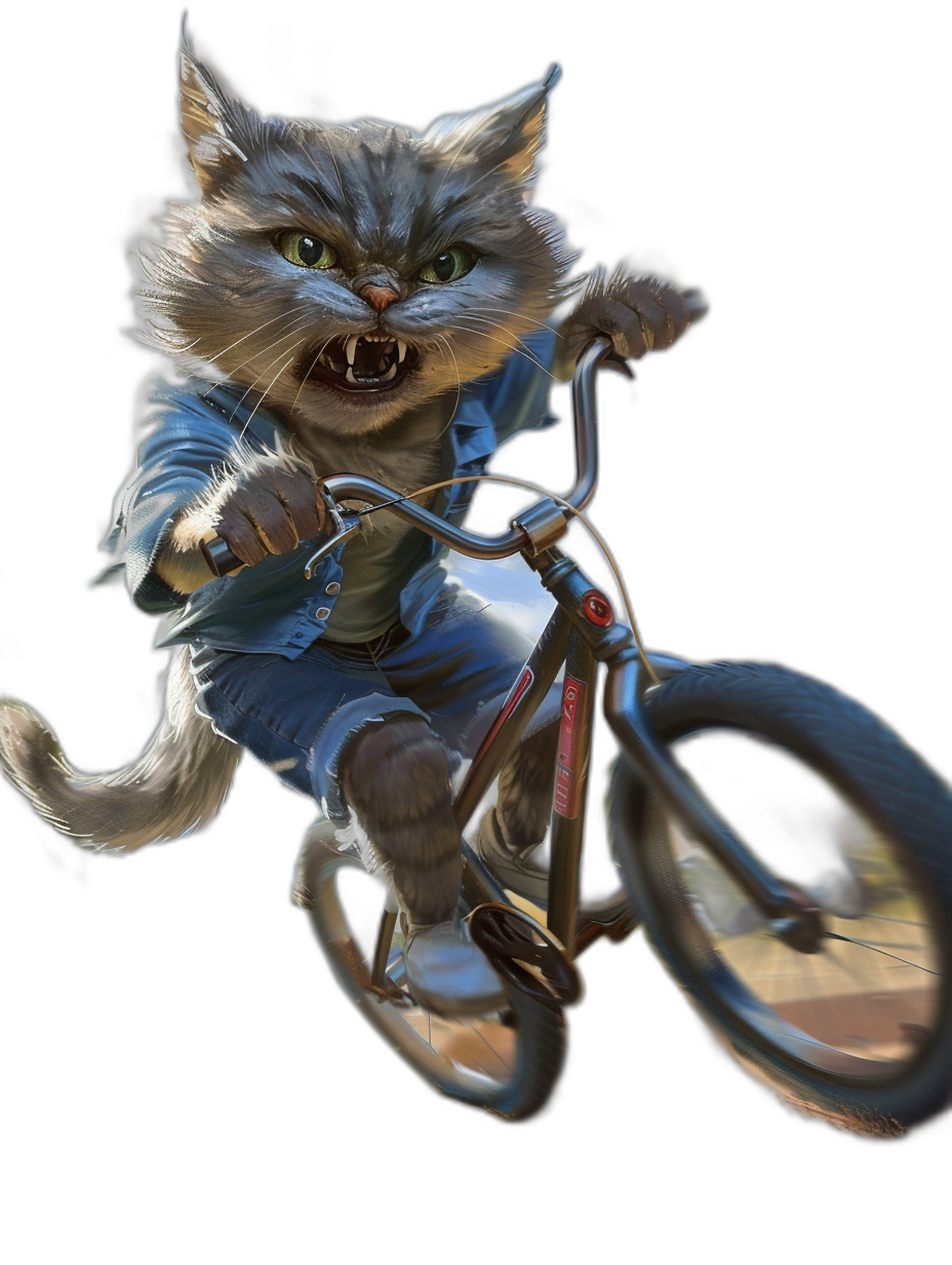 hyper realistic photo of an angry cat riding on the back wheel, wearing blue jeans and shirt with white sleeves , black background, riding a bike in air , full body shot, front view, looking at camera, big teeth, fangs showing,