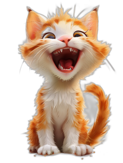 3D cartoon, happy cute kitten with open mouth and sharp teeth, in the style of Pixar character on black background, adorable eyes, lovely, full body portrait