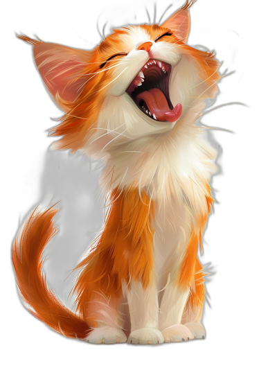 A cute orange and white cat laughing against a black background in a Disney style cartoon drawing showing its full body with a happy open mouth displaying teeth and fluffy fur in high detail and high resolution digital art.