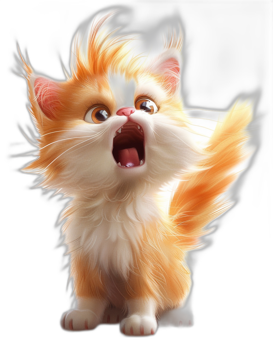 A cute orange and white cat is screaming in the style of Disney, 3D rendering, black background, front view, white light around the body, fluffy hair.