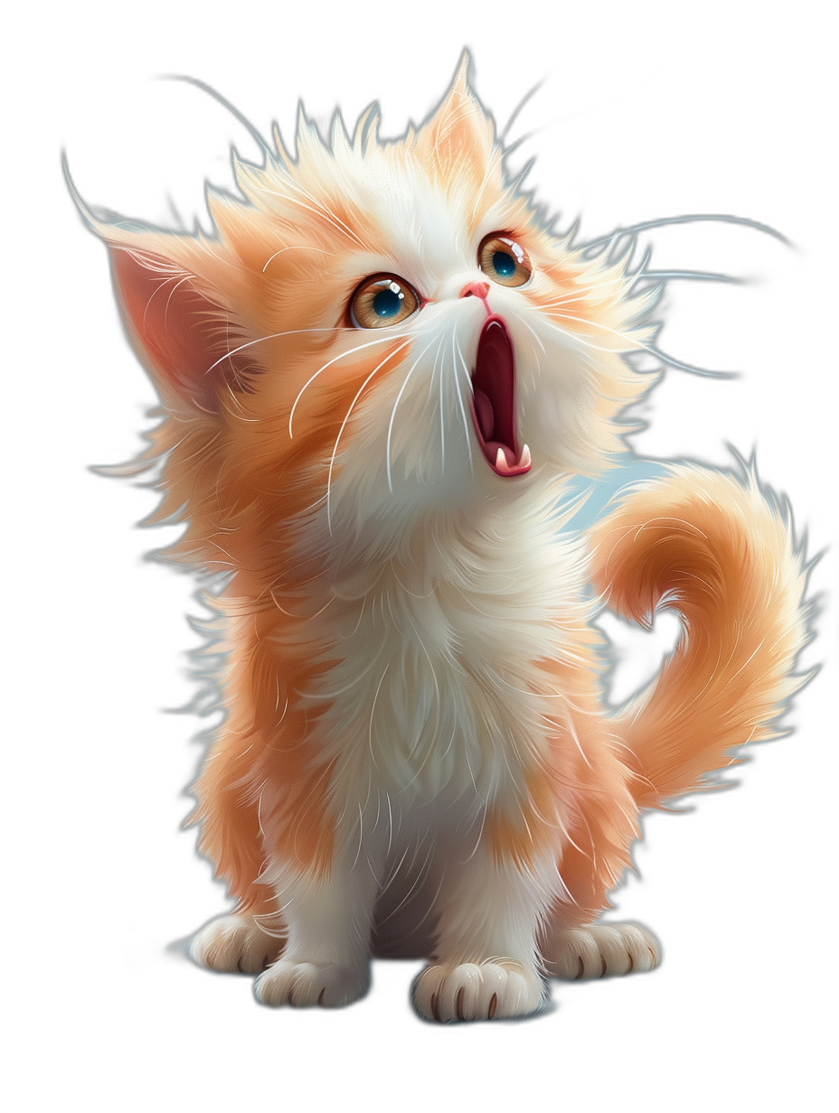 Cute orange and white kitten howling in the style of Disney style on a black background, cartoon style pet wallpaper in a front view full body shot in the Pixar art illustration style, with large eyes, a cute tail, fluffy hair, a happy expression, a big head, and a little body, a very small cat with its mouth open, super detailed in a fantasy digital painting style trending on Art Station, a digital painting in the style of Rossdraws, [Artgerm](https://goo.gl/search?artist%20Artgerm), and Daniel F Gerhartz, shot from below in high resolution.