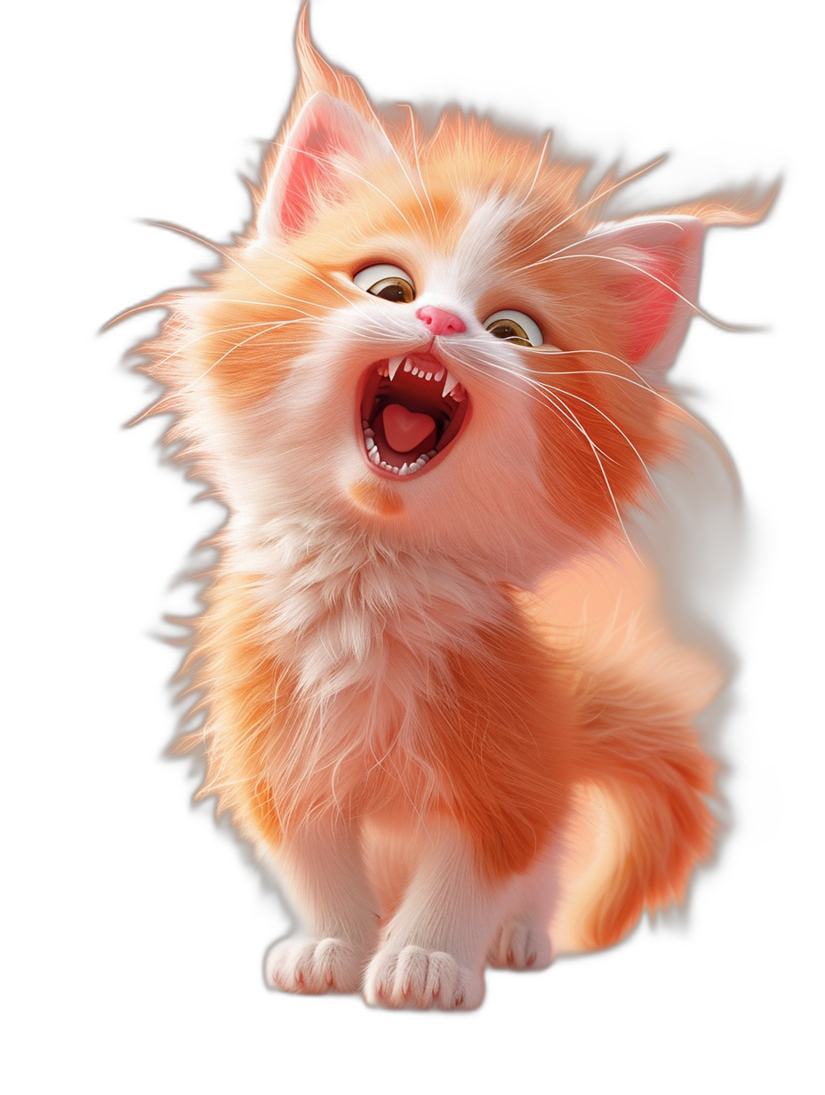 A cute orange and white kitten with a happy expression and open mouth laughing, fluffy hair, in the style of Pixar against a black background, high definition wallpaper, 3D rendering digital art.