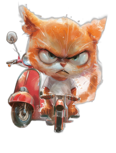 grumpy orange cat with big eyes and paws, wearing a white t-shirt riding a red vespa scooter, with an angry face, in the cartoon style, isolated on a black background, digital art in the style of Disney Pixar studio, with a watercolor brush technique, in the right side of the canvas there is empty space for a text title or message