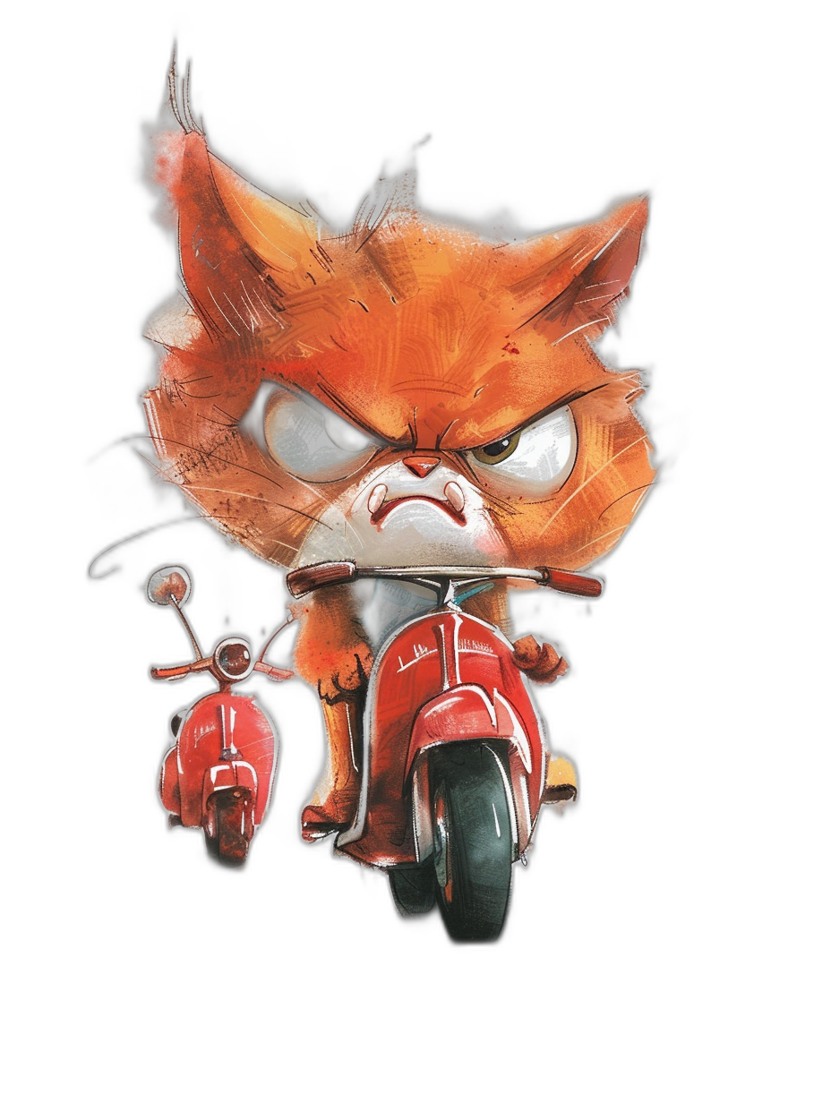 Cute grumpy orange cat on red scooter, in the style of [Goro Fujita](https://goo.gl/search?artist%20Goro%20Fujita) and rossdraws, simple design, solid black background, vector art