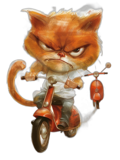 A cute and grumpy orange cat riding on an Italian moped, wearing a white t-shirt, in the style of [Tiago Hoisel](https://goo.gl/search?artist%20Tiago%20Hoisel), caricature-like, playful caricatures, high resolution digital art, isolated black background