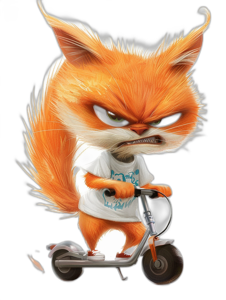 grumpy orange fox wearing a white t-shirt with a blue logo, riding an electric scooter in the style of caricature art against a black background