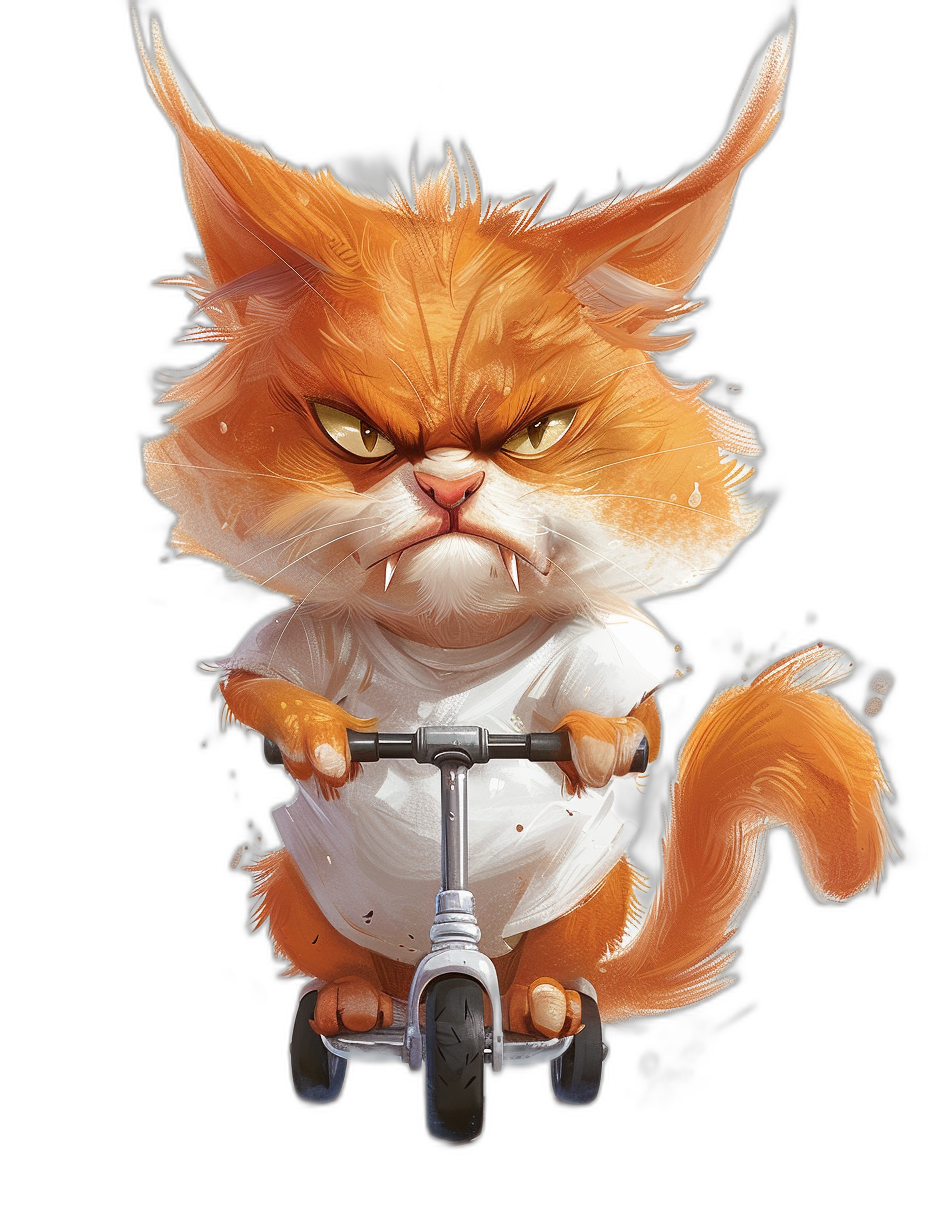 realistic cartoon illustration of an angry orange cat wearing a white t-shirt, riding a scooter on a black background, detailed character illustrations, texture-rich canvases with strong lighting contrasts, playful characters in the style of [Atey Ghailan](https://goo.gl/search?artist%20Atey%20Ghailan) and in the style of John via Ghibli and Disney Pixar, highly stylized figures in a playful caricature style, a bright colorful palette with black colors