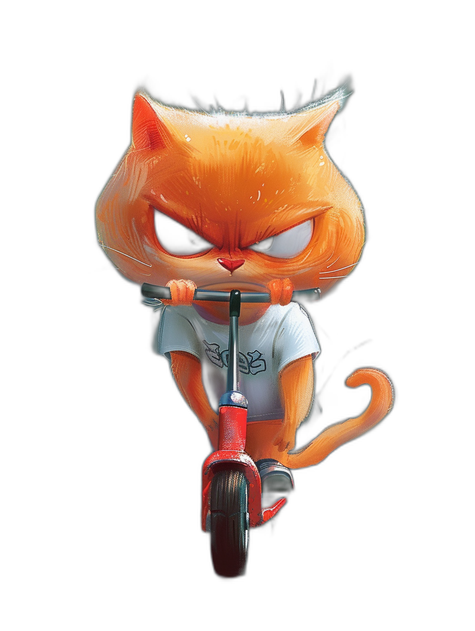 Illustration of an angry orange cat wearing a white t-shirt riding a scooter, black background, in the style of [Akira Toriyama](https://goo.gl/search?artist%20Akira%20Toriyama) and [Goro Fujita](https://goo.gl/search?artist%20Goro%20Fujita), cartoon style, Pixar quality, full body shot, high resolution, hyper detailed.