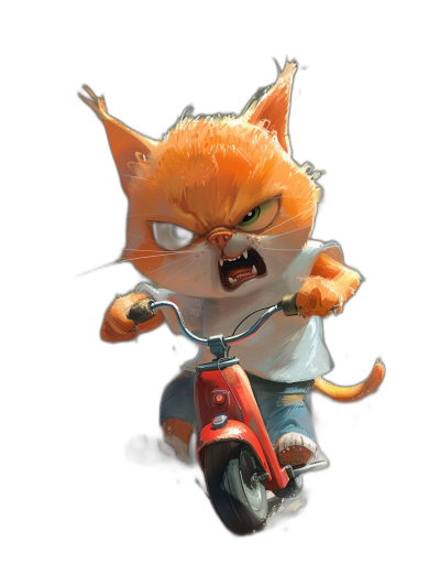 orange cat, angry expression, wearing a white t-shirt and blue shorts riding a red scooter on a black background, concept art in the style of Pixar, cgsociety, character design, cartoon, in the style of Pixar