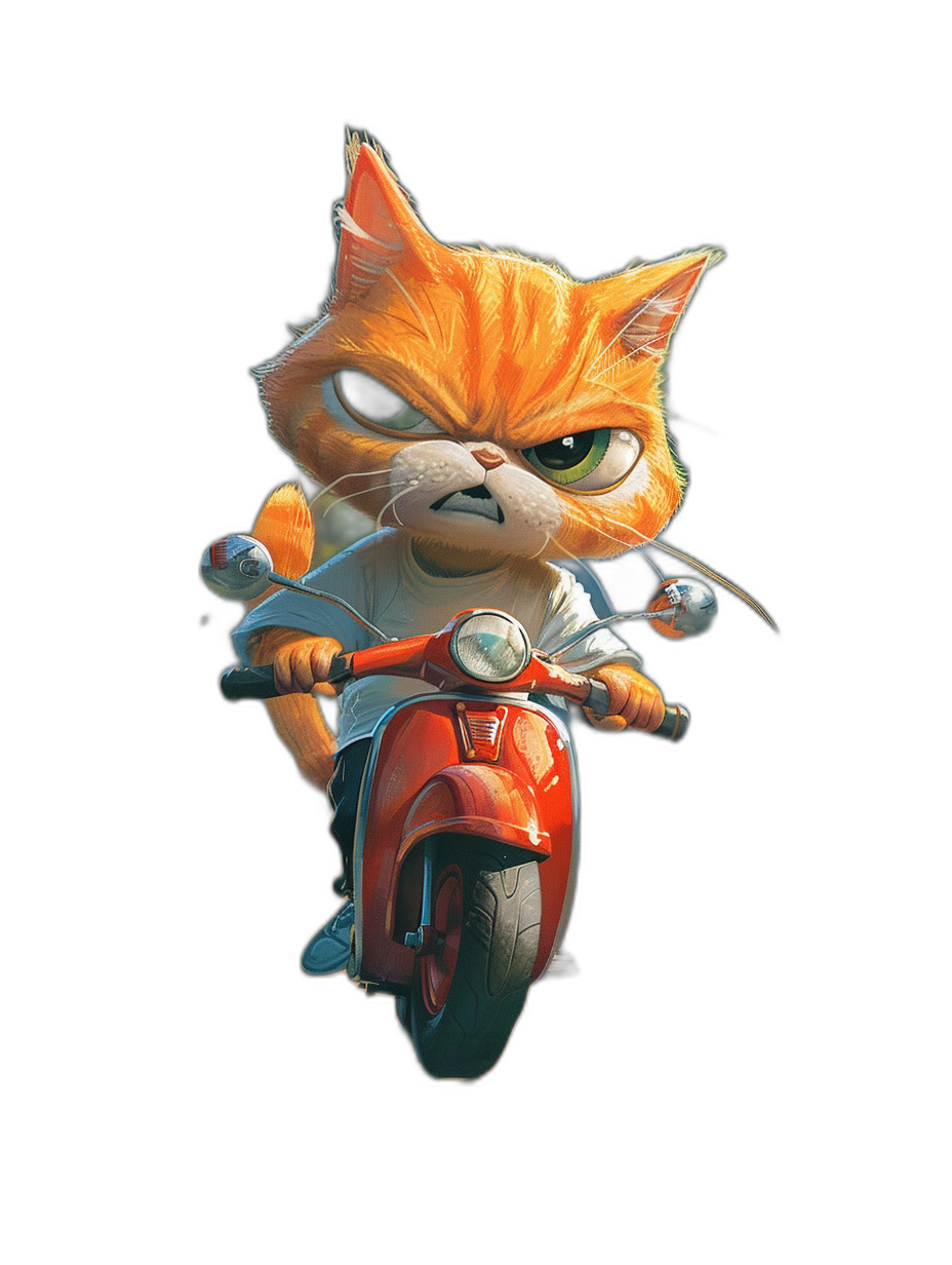 grumpy orange cat with an angry face riding on a motorbike, in the style of cartoon, t-shirt design graphic, ultra detailed, isolated in black background