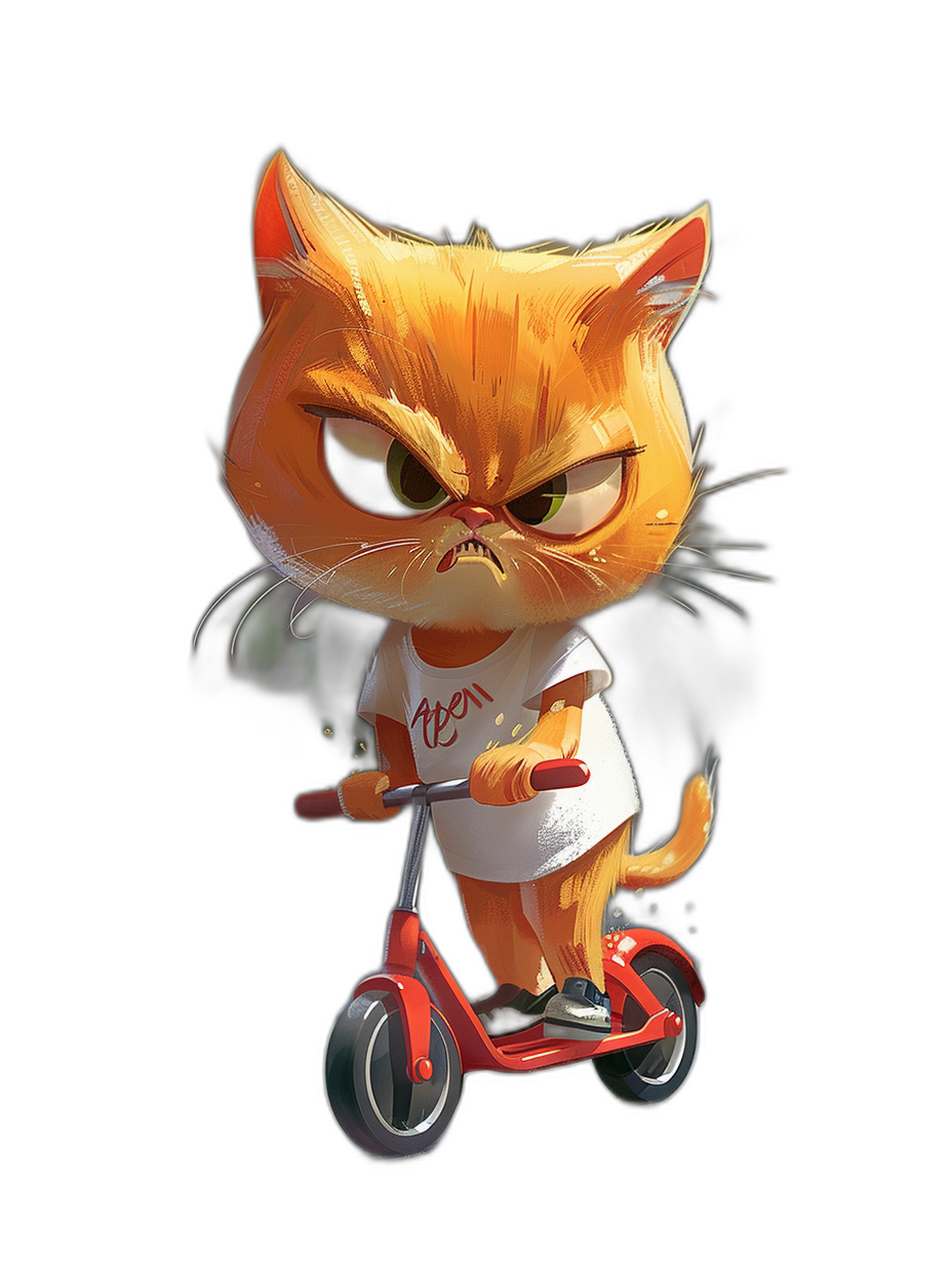 grumpy orange cat wearing a white t-shirt, riding a red scooter with a black background, in the style of Disney cartoon character design, high resolution