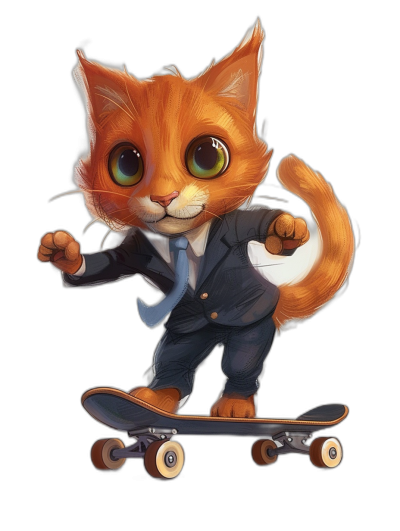 t-shirt design, cute orange cat with big eyes in the style of business suit riding skateboard on black background, full body, detailed, sharp focus, high resolution