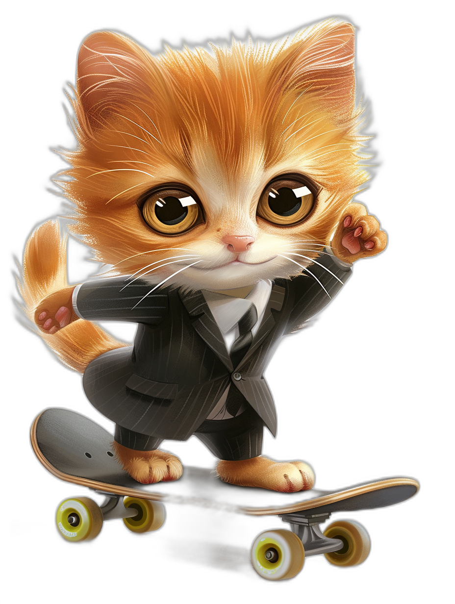 digital art of cute kitten , wear suit, riding on skateboard , black background, big eyes, lovely and beautiful expressions