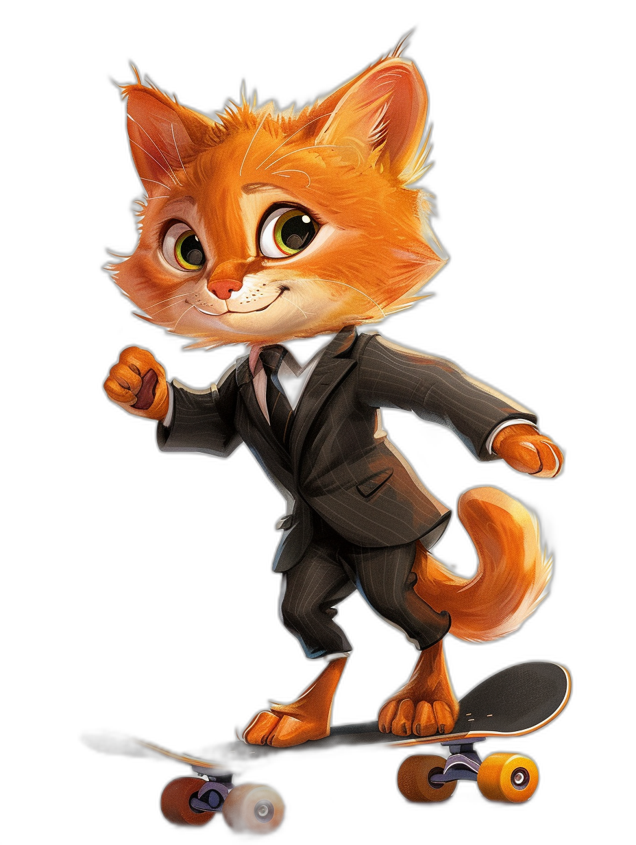 Illustration of an orange cat in a suit, riding on a skateboard in the style of Disney Pixar animation, with a cartoon style and character design. The cat is cute and adorable against a black background with high resolution and details.