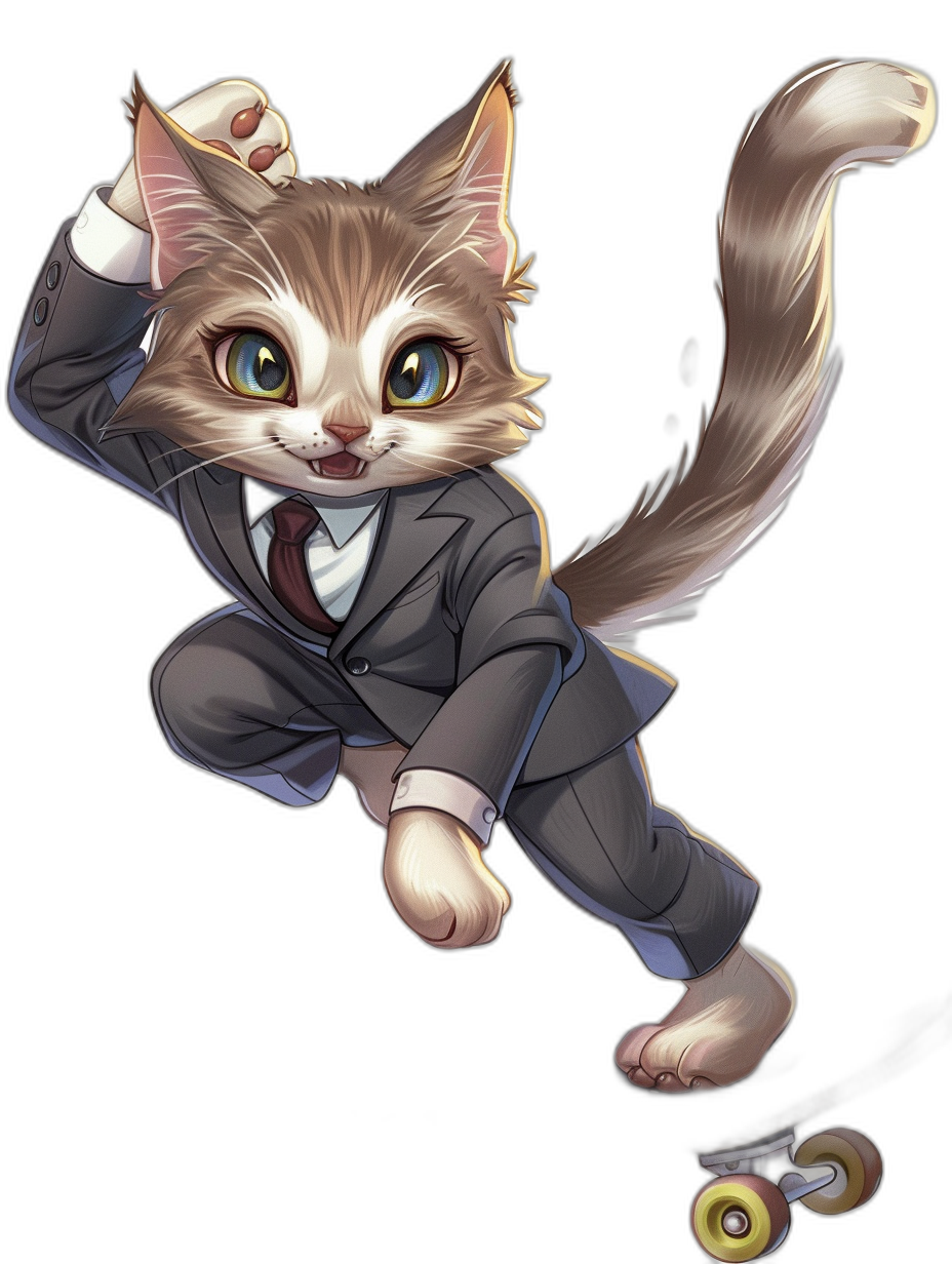 A cat in an office suit, jumping on rollerblades with big eyes, in the style of anime, black background, cartoon character design, cute and friendly expression, detailed fur texture, detailed body features, wearing business attire, full-body shot, black pantsuit, skater shoes, high resolution, digital art, digital painting, professional illustration, vibrant colors, studio lighting, close-up view.