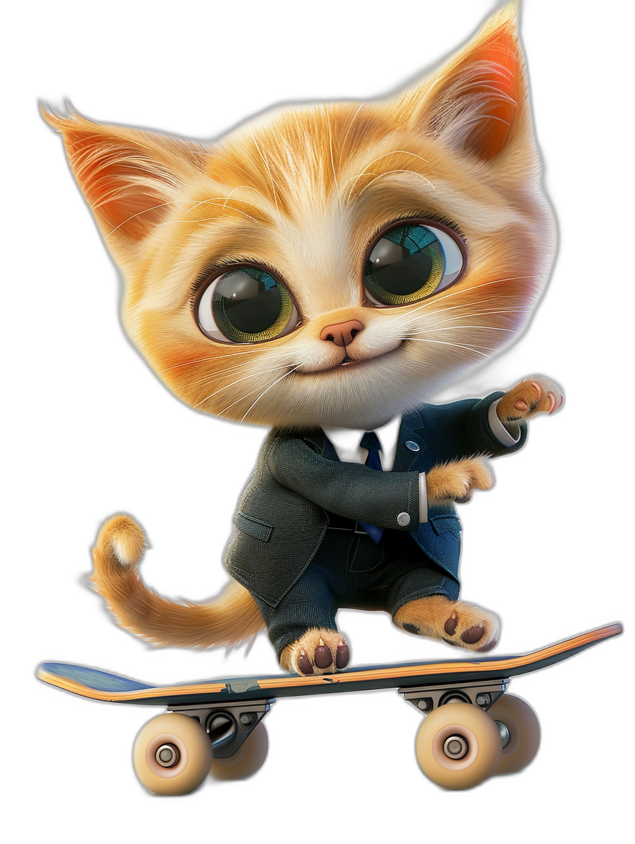 Cute cartoon cat in suit riding on skateboard, big eyes, cute smile, black background, high resolution, professional photograph, super detailed, top of the art quality