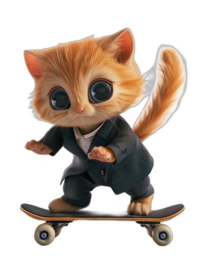 cute ginger cat in a black suit, big eyes, riding on a skateboard, in the cartoon style, digital art in the style of Disney Pixar studio, adorable and cute, black background, isolated, hyperrealistic, hyper detailed, high resolution