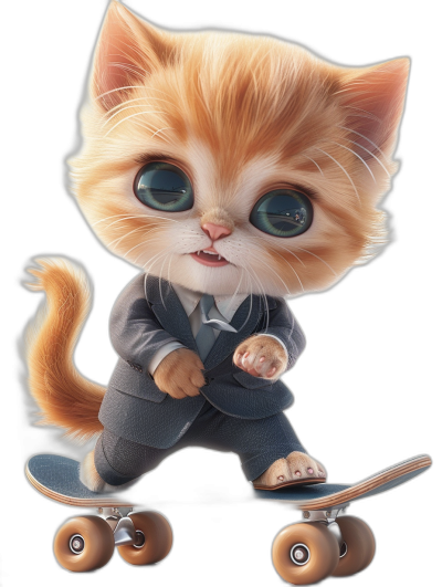 Cute cartoon kitten in a suit riding on a skateboard, black background, big eyes, long eyelashes, long tail, highly detailed, 3D rendering, octane render, in the style of octane render.