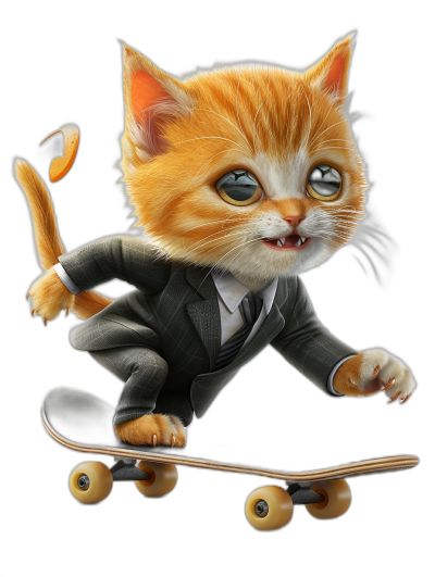 digital art of a cute kitten, wearing a suit and riding a skateboard against a black background with a big head and small body in the style of an anime character.