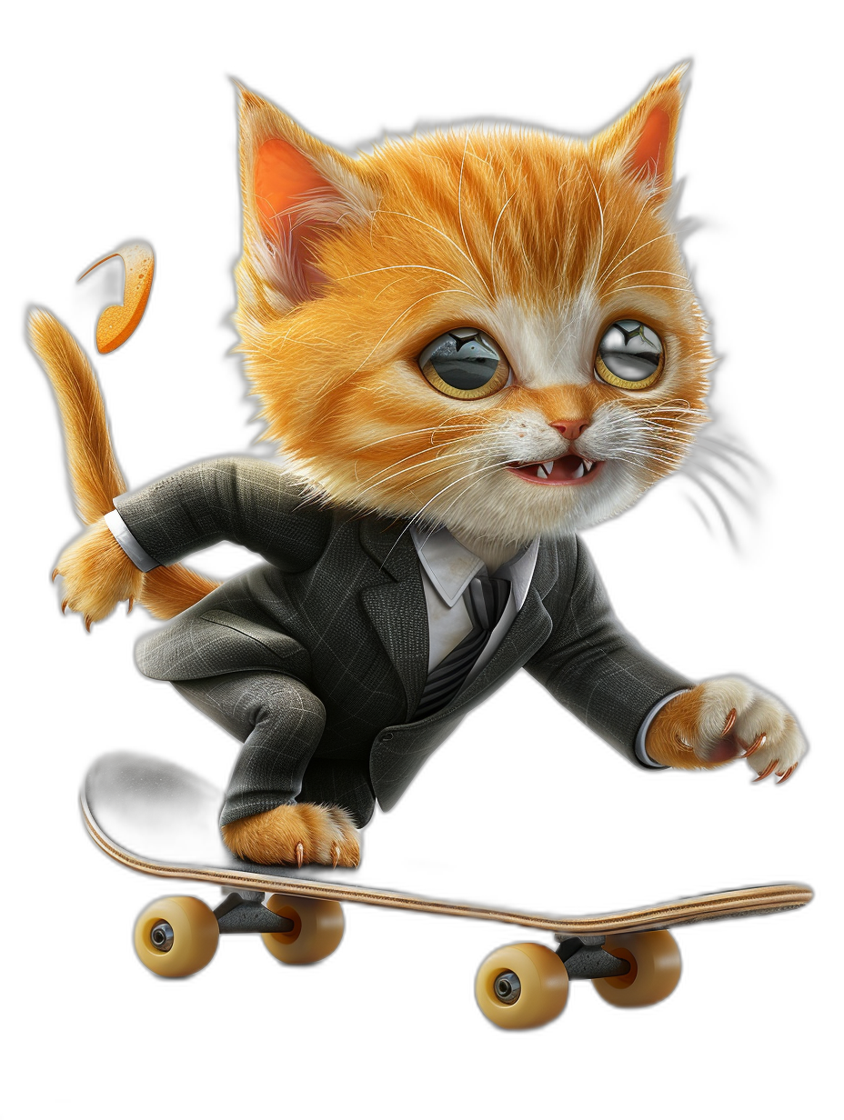 digital art of a cute kitten, wearing a suit and riding a skateboard against a black background with a big head and small body in the style of an anime character.