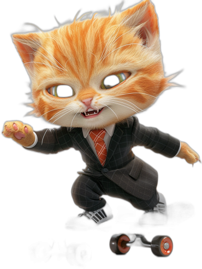 3D cartoon happy cute kitten wearing a business suit and roller skate shoes with big teeth, in the style of Pixar on a black background