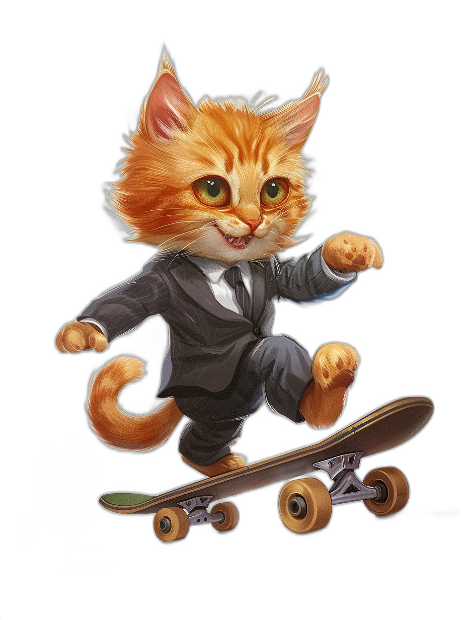 A cute ginger cat in a suit, riding on a skateboard in the style of cartoon, vector design, black background, happy facial expression, high resolution, high details, high quality.