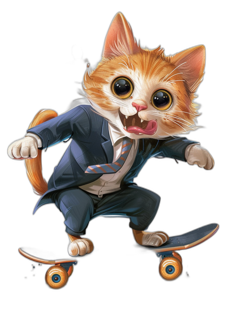 Cute cat in suit riding skateboard, black background, t-shirt design in the style of [Tiago Hoisel](https://goo.gl/search?artist%20Tiago%20Hoisel), caricature-like, playful caricatures, high resolution