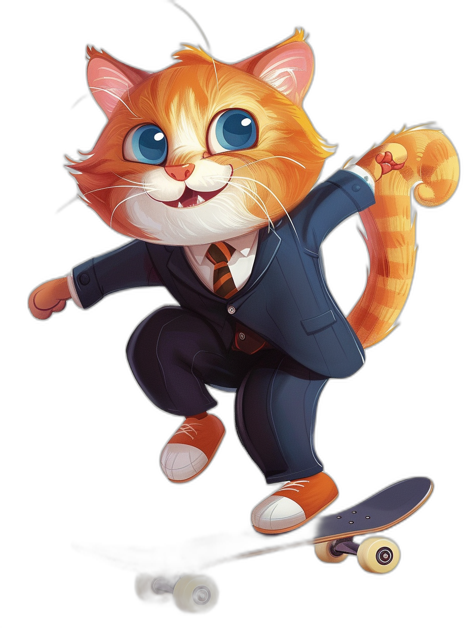 Illustration of an orange cat with blue eyes in a business suit and dress shoes, riding on a skateboard, against a black background, in the style of Disney as a cartoon character, cute and adorable, as a full body portrait, with a happy facial expression, as vector art illustration, with perfect colors, at a high resolution, with high details, using a digital airbrushing technique, with clear lines, perfect shading, and professional lighting.