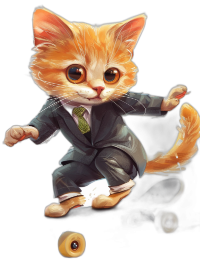 digital art of a cute kitten, wearing a businessman suit, riding on a skateboard, against a black background, with big eyes, and a lovely, beautiful expression.