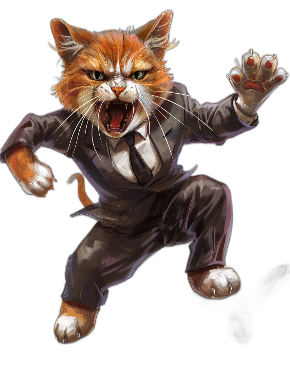 character design of an angry ginger cat in a business suit, in an action pose ready to fight in the style of [Akira Toriyama](https://goo.gl/search?artist%20Akira%20Toriyama) and [Artgerm](https://goo.gl/search?artist%20Artgerm), on a black background, as a full body portrait