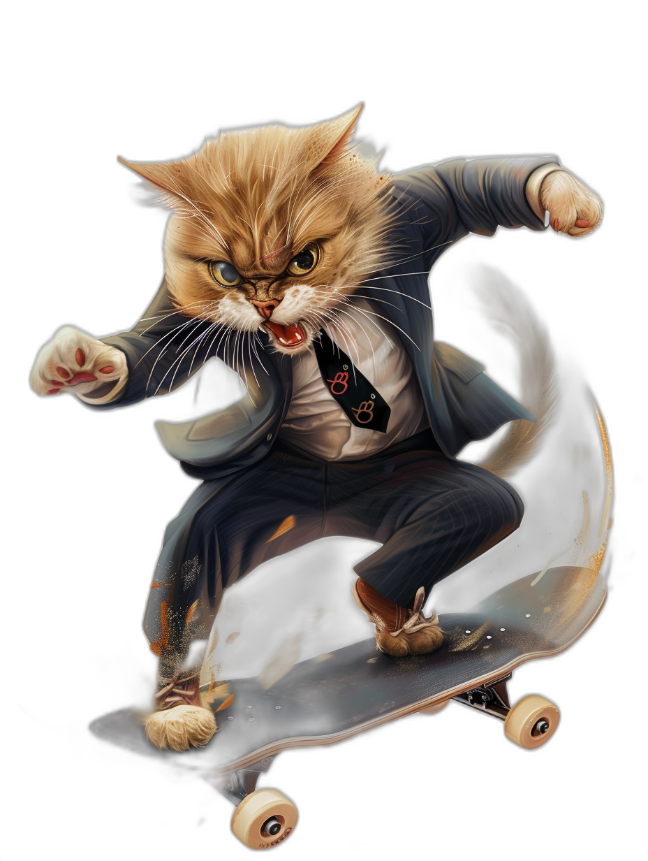 realistic digital illustration of an angry ginger cat wearing business suit and tie, riding on skateboard, black background, full body portrait, action pose