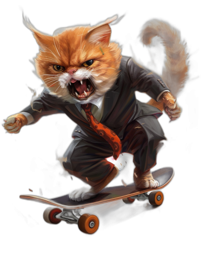 realistic digital illustration of an angry ginger cat in suit and tie, riding on skateboard, black background, full body portrait view, character design by [Peter Gric](https://goo.gl/search?artist%20Peter%20Gric)