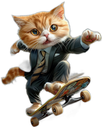 A cute orange cat in a suit and tie is riding on a skateboard against a black background in the style of a cartoon. It is a full body shot of the adorable ginger kitten with blue eyes wearing business  while skateboarding. The digital art shows a funny caricature of the detailed face of the kitten.