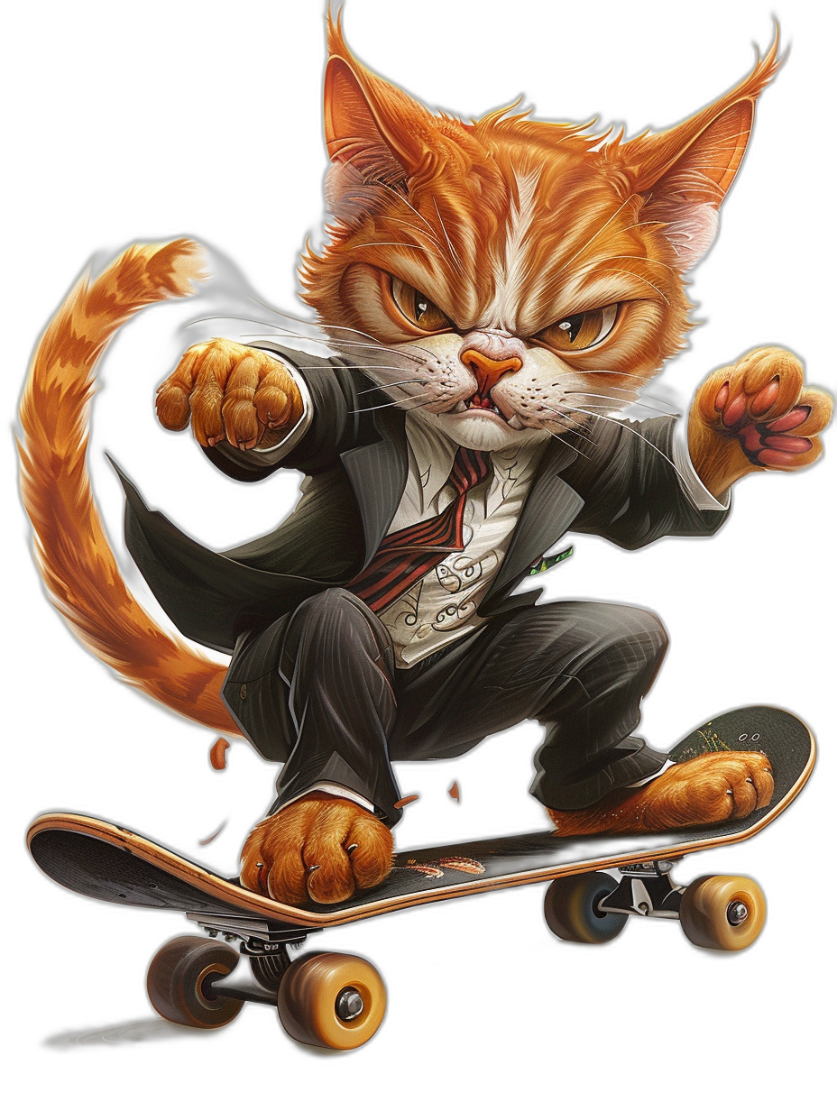 realistic digital illustration of an angry ginger cat in suit and tie, riding on skateboard, black background, full body portrait view