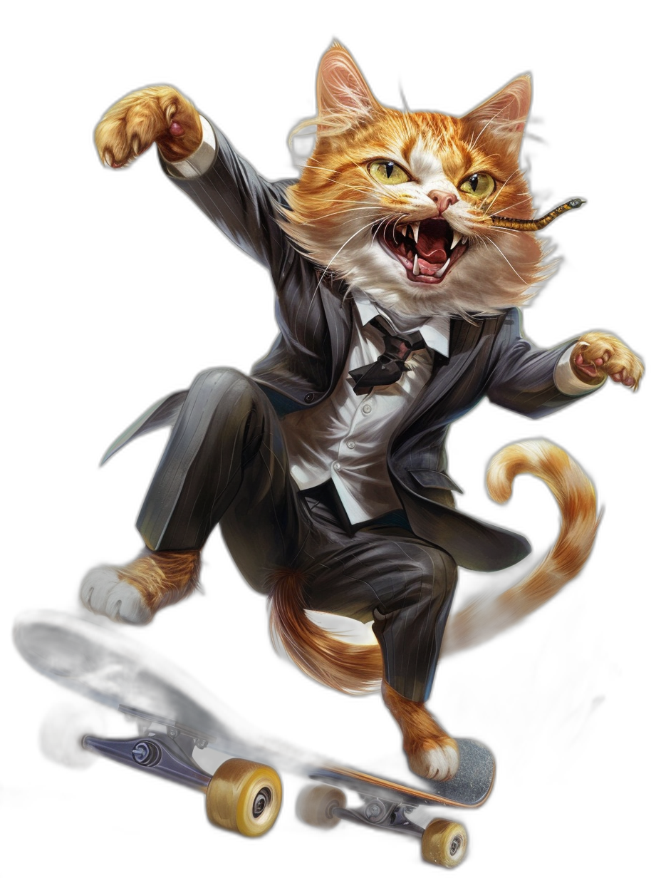 A ginger cat in a suit riding on a skateboard, with a happy face, a realistic full body portrait illustration, on a black background, in a dynamic pose, concept art in the style of Pixar studio, a digital painting and drawing, with high resolution.