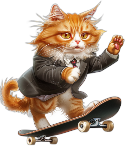 digital art of cute and fat orange cat , wearing grey suit, skating on skateboard with black background , fluffy tail