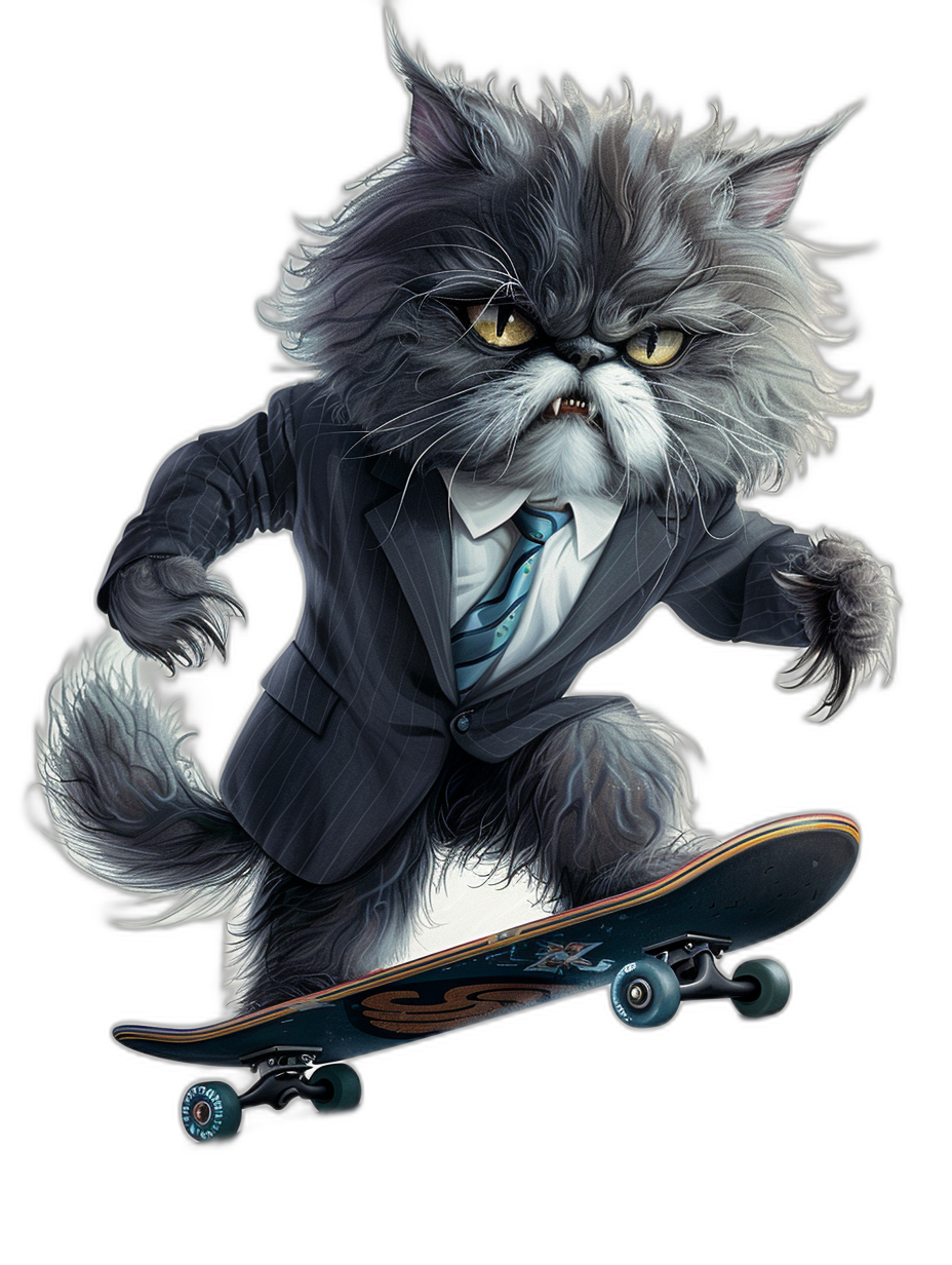 A realistic digital illustration of an angry grey and white cat wearing a suit, riding on a skateboard, black background, t-shirt design graphic, ultra detailed, isolated on a dark background in the style of Marko. Disconnect from the world and make it adorable.