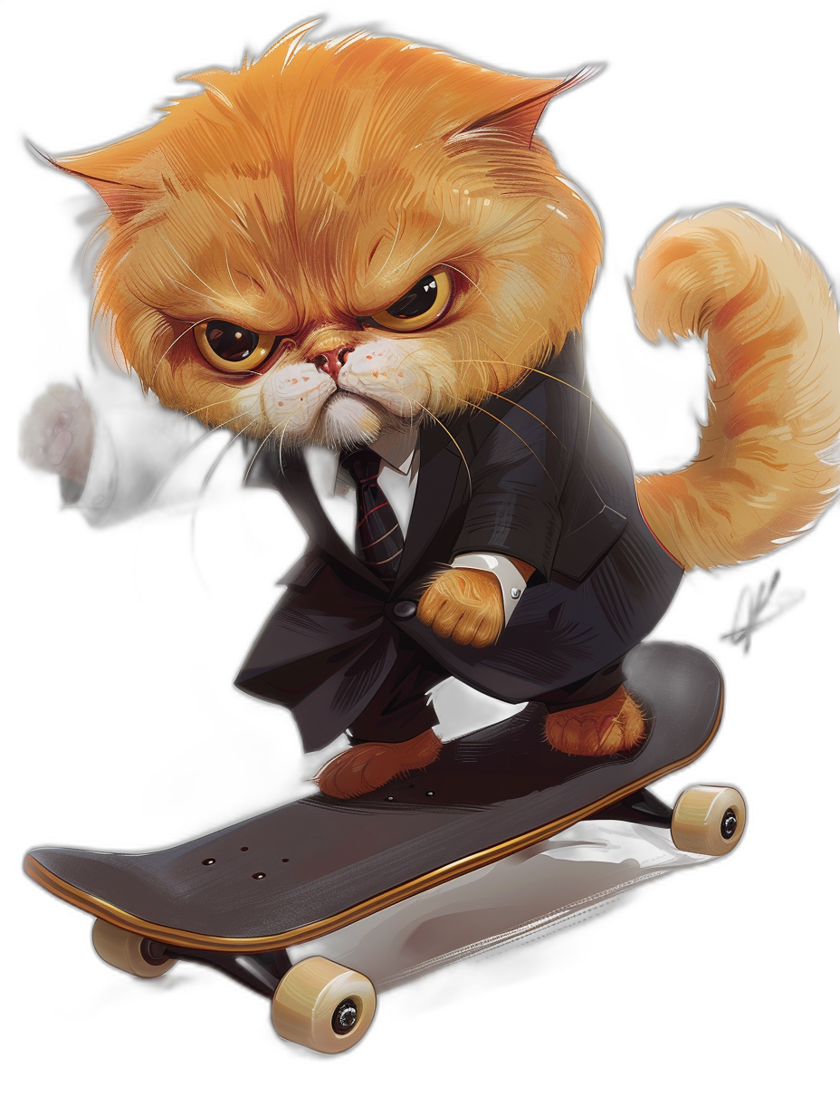 A persian cat in a suit, riding on a skateboard with an angry face, in the vector illustration style of [Tiago Hoisel](https://goo.gl/search?artist%20Tiago%20Hoisel) and with a caricature-like character design, on a black background, as a full body.