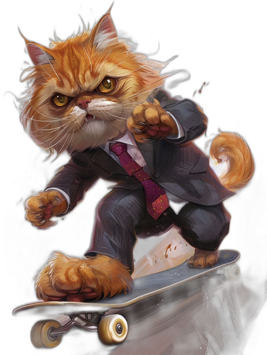 A realistic digital illustration of an angry ginger cat wearing a business suit and tie, riding on a skateboard, black background, full body portrait, fantasy art style, concept art in the style of [Greg Rutkowski](https://goo.gl/search?artist%20Greg%20Rutkowski), Artstation contest winner, trending in pixiv.