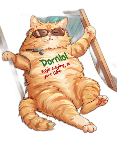 A very fat cat is lying on the bed, wearing sunglasses and smiling happily with his eyes closed. The words "Dormol" written in green letters on its chest say 'Happy your life to me' in the style of anime.