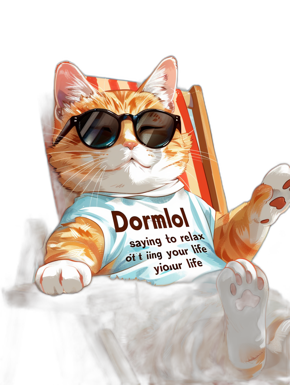 A cat wearing sunglasses sitting in an armchair, with the words “DormRLol saying to relax your life” written on his t-shirt, black background, in the style of cartoon.