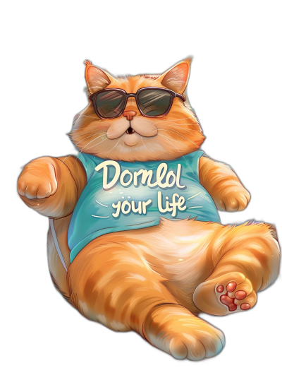 a cute orange fat cat wearing sunglasses and blue t-shirt with the words "Dormol your life", vector art, black background, detailed, 2d cartoon style, digital painting, high resolution, high detail