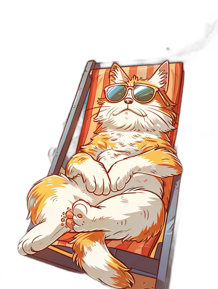 A white and orange cat wearing sunglasses lies on the beach chair, lying down, simple black background, cartoon style, vector illustration, cute, sticker art design, black background, cute digital painting, high resolution, high quality, high detail, sharp focus, professional photography, sharp details