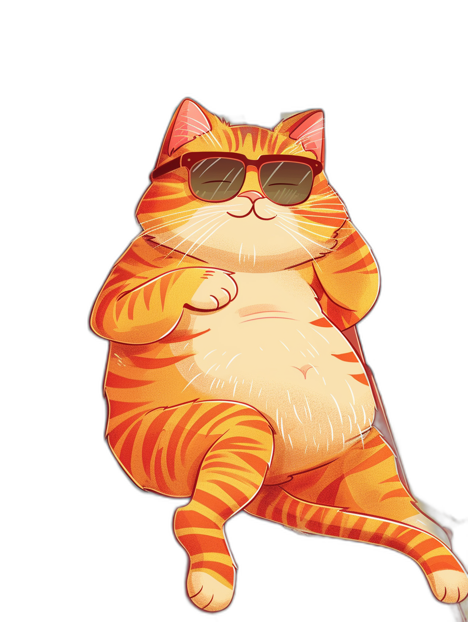 A cute orange fat cat, wearing sunglasses and dancing on a black background, in a sticker style cartoon illustration. The simple drawing uses bold lines and flat color blocks with high resolution, high details, and high quality. The 2D game art style digital painting shows a full body portrait with a symmetrical composition. The retro comic style uses solid colors with a strong contrast between light and dark, bright colors, and warm tones. The happy expression makes the cat very attractive. The full-body posture is depicted in the style of a digital painting.