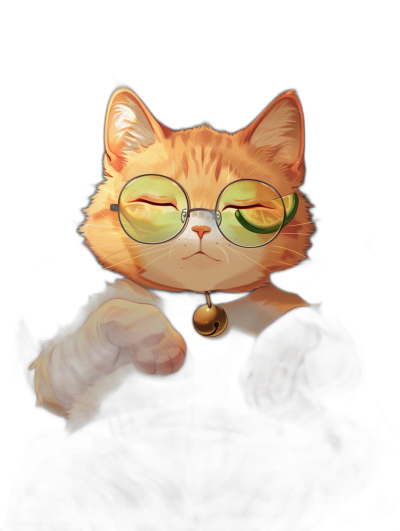 digital art of a cute and fat orange cat, wearing green glasses, holding a bell around its neck with its hand against a black background, giving chill vibes.